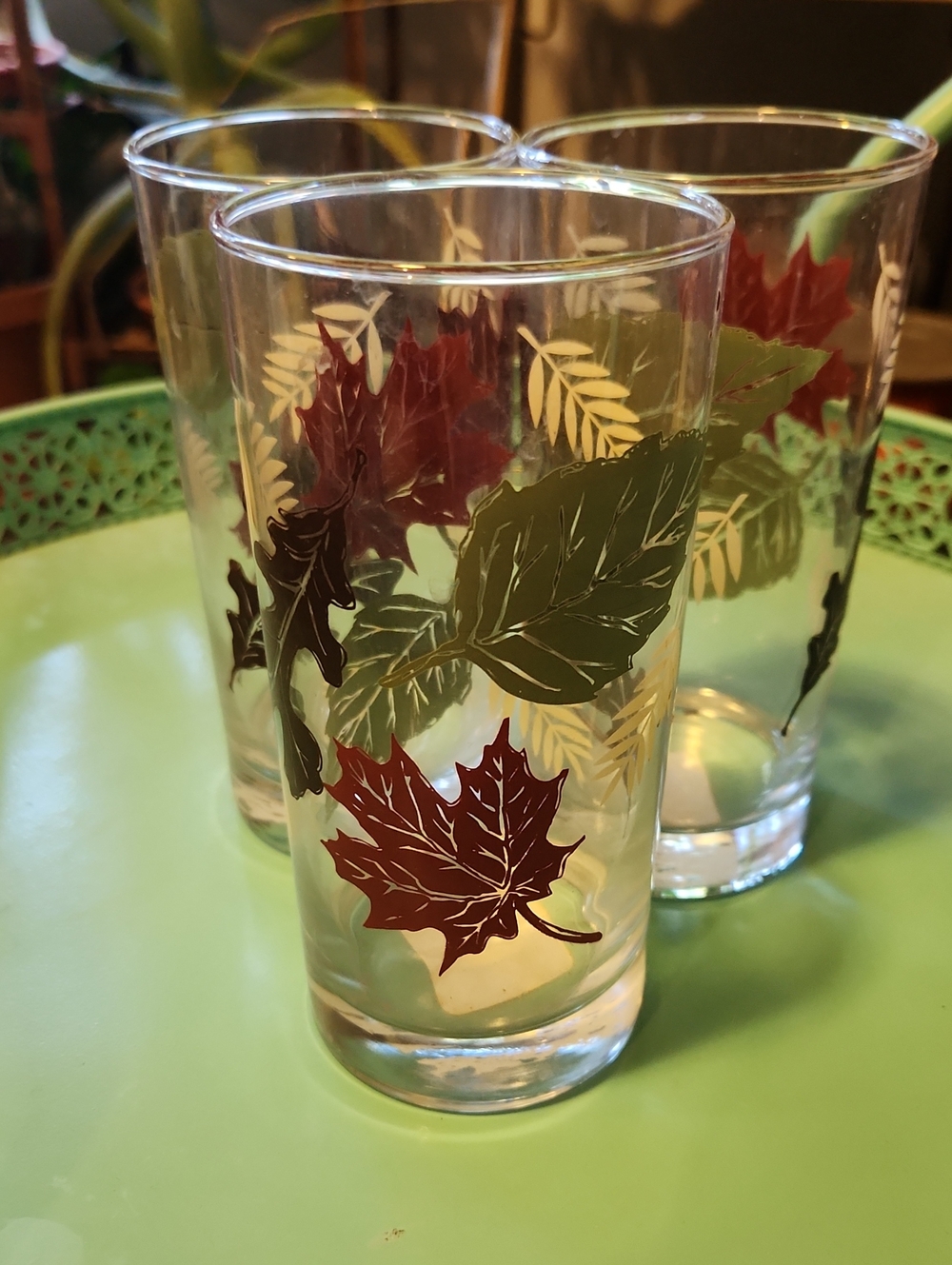 Vintage Libbey Autumn Leaves Pattern Tumbers Set Of 3 Mcm Thanksgiving NOS